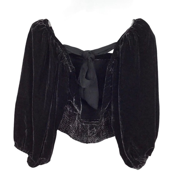 Free People Maria Black Velvet Puff Sleeve Tie Back Crop Top Size XS - Picture 7 of 8